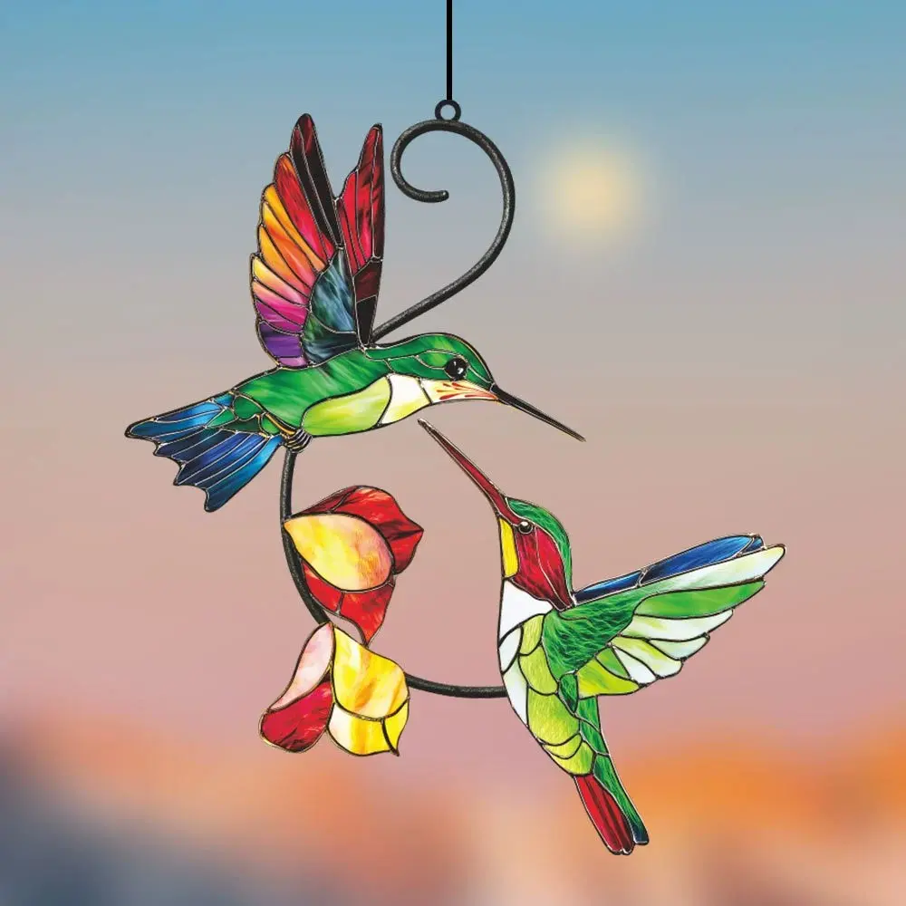 Colorful Patterned Durable Hangable Hummingbird Wrought Iron Hanging Sculpture - Decorative Metal Plaque Home Supplies for Indoor Feature Wall Decoration