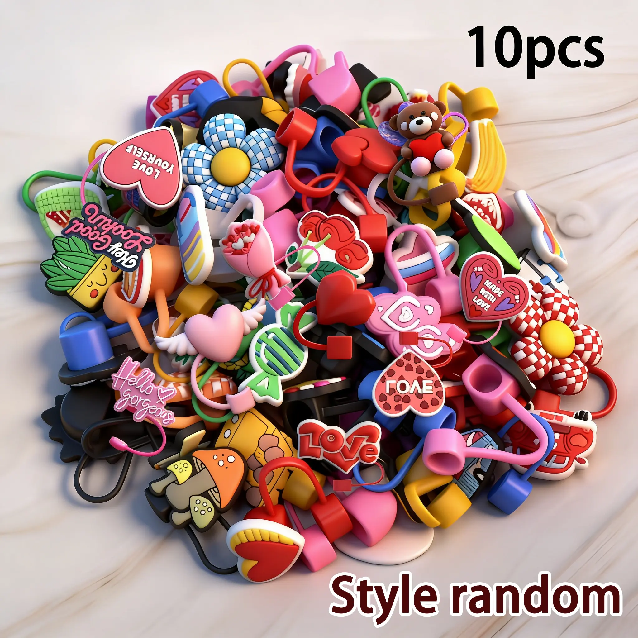 Valentine's Day Straw Caps Set, Straw Covers, Straw Toppers, Reusable 10mm Straws, Random Patterns, 3D & 2D Elements, Party Favors, Gift for Loved Ones, Straw Spout Lid
