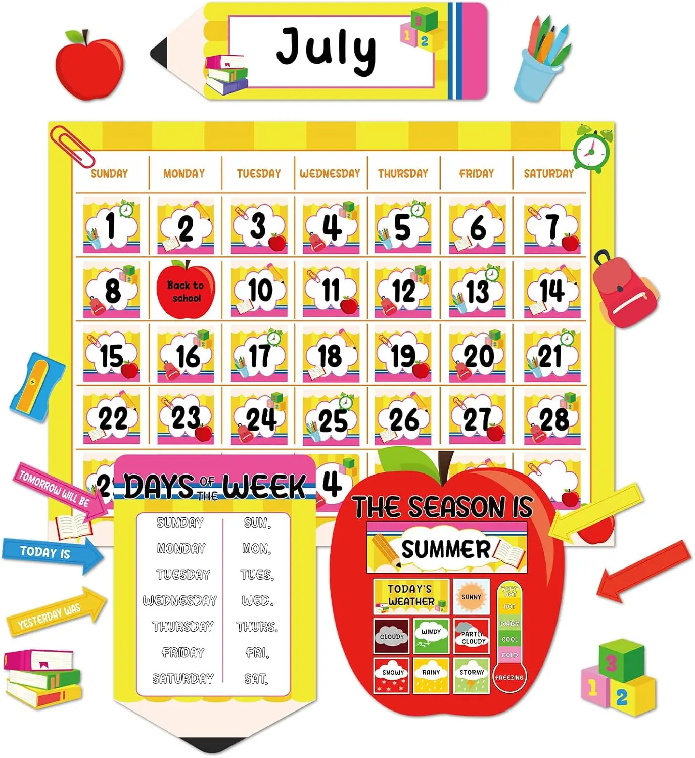 Back to School Calendar Bulletin Board Set for Classroom Decoration Colorful Pencil Apple Calendar Seasons Weather Chart Pencil CTP Bulletin Board Paper-Cuts for Teachers Elementary School Classroom