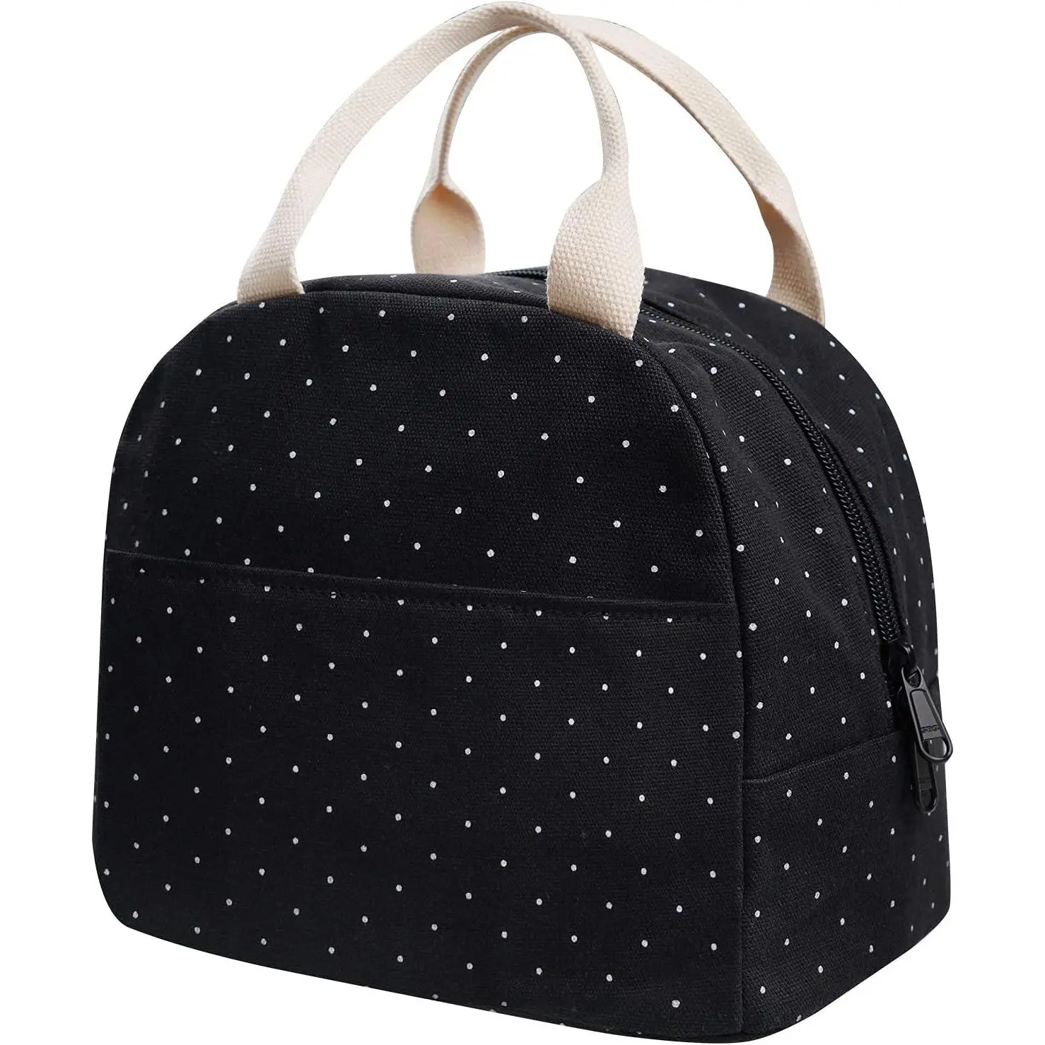 Durable Compact Black Polka Dot Canvas Lunch Bag with Zipper - Upgraded Foldable Reusable Tote, 9.4x6.3x8.3 inch, Compact Cute Looking, Exquisite Craftsmanship for Teen Girls, College School, Charming, Women