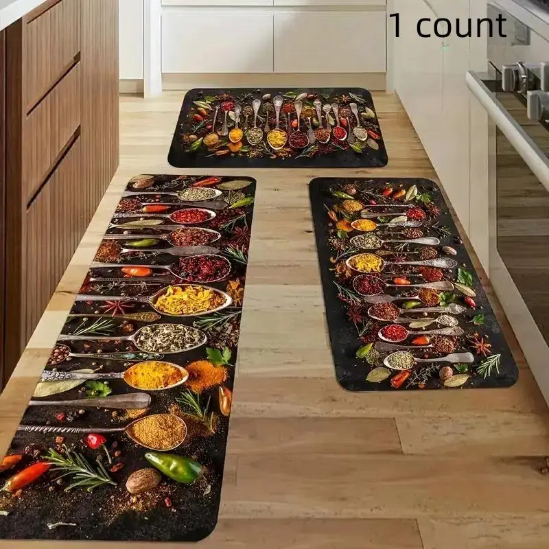 1 Count Spice & Tableware Pattern Kitchen Mat, Household Floor Pad with Skid-proof Backing, Decorative Rug for Home Kitchen Living Room