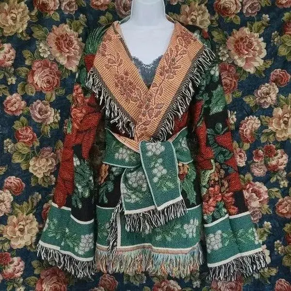 Handmade Upcycled Poinsettia Vintage Tapestry Fringed Jacket