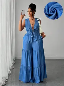 [Plus Size] Solid Color Woven Fabric Top & Wide Leg Pants Set, Elegant Fashion Casual Fitted Two-piece Outfits for Daily Outdoor Wear, Women's Clothing for Summer