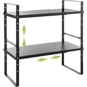 Expandable Cabinet Shelf Organizer Rack, Stackable Kitchen Countertop Organizer Storage Shelves, Adjustable Height Pantry Counter Shelf Riser Spice Rack (Black, 2 Pack)