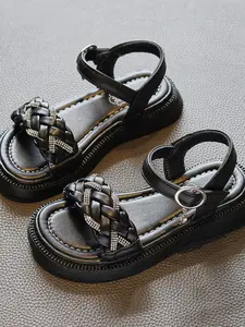 Girls' Summer Braided Rhinestone Sandals, Handmade Strap, Shiny Rhinestones, Soft Breathable Lining, Anti-Slip Rubber Sole, 3-12 Years, Sparkly Sandals, Multi Strap Sandals