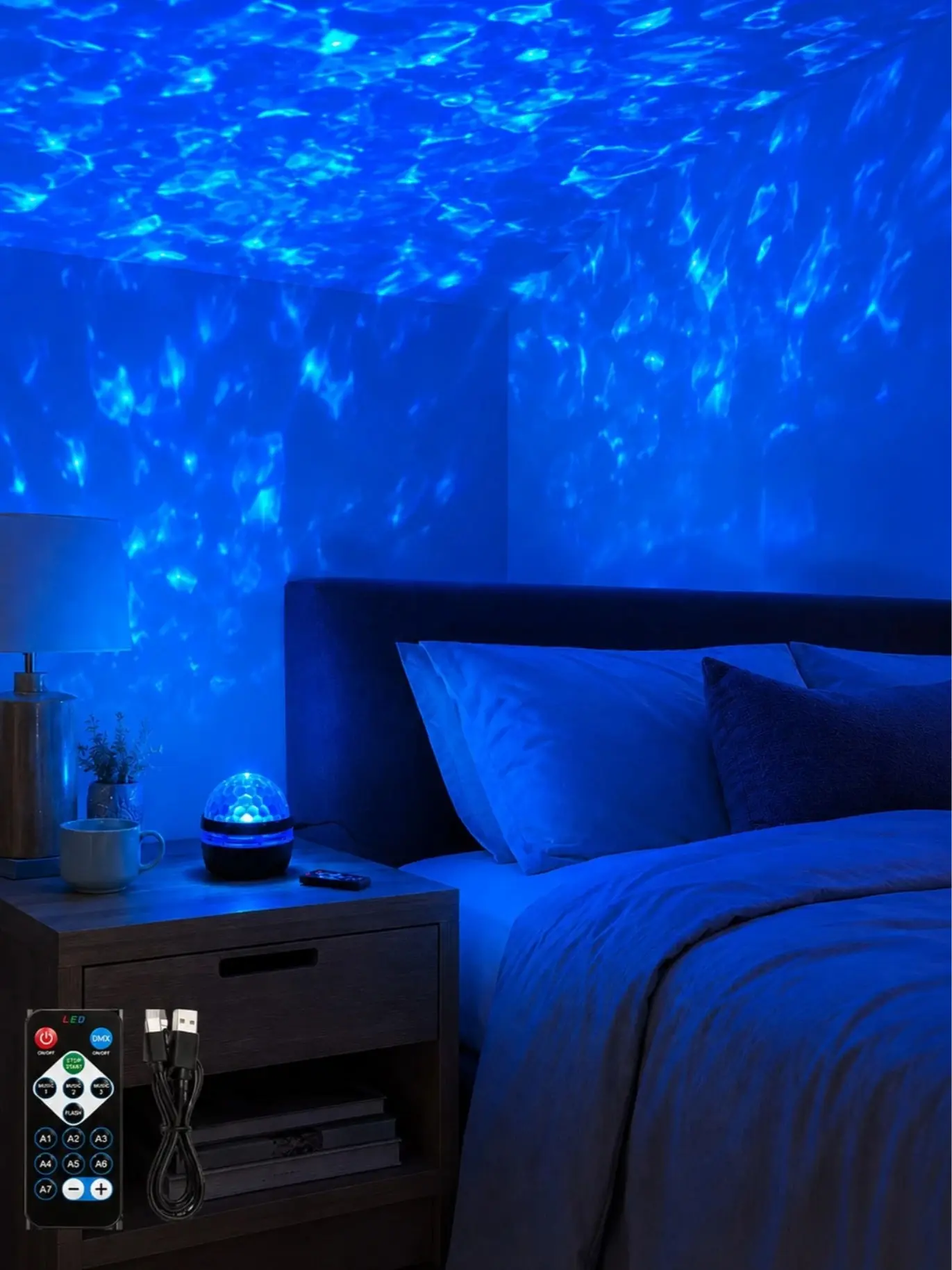LED Dynamic Water Wave Projection Effect Night Light, Soft Colorful Flowing Underwater Seabed Ripple Light Projector With Remote Control, Dimmable Relaxing Ambient Lamp For Bedroom Private Party Bar KTV Festival Indoor Home Aesthetic Decor Lighting