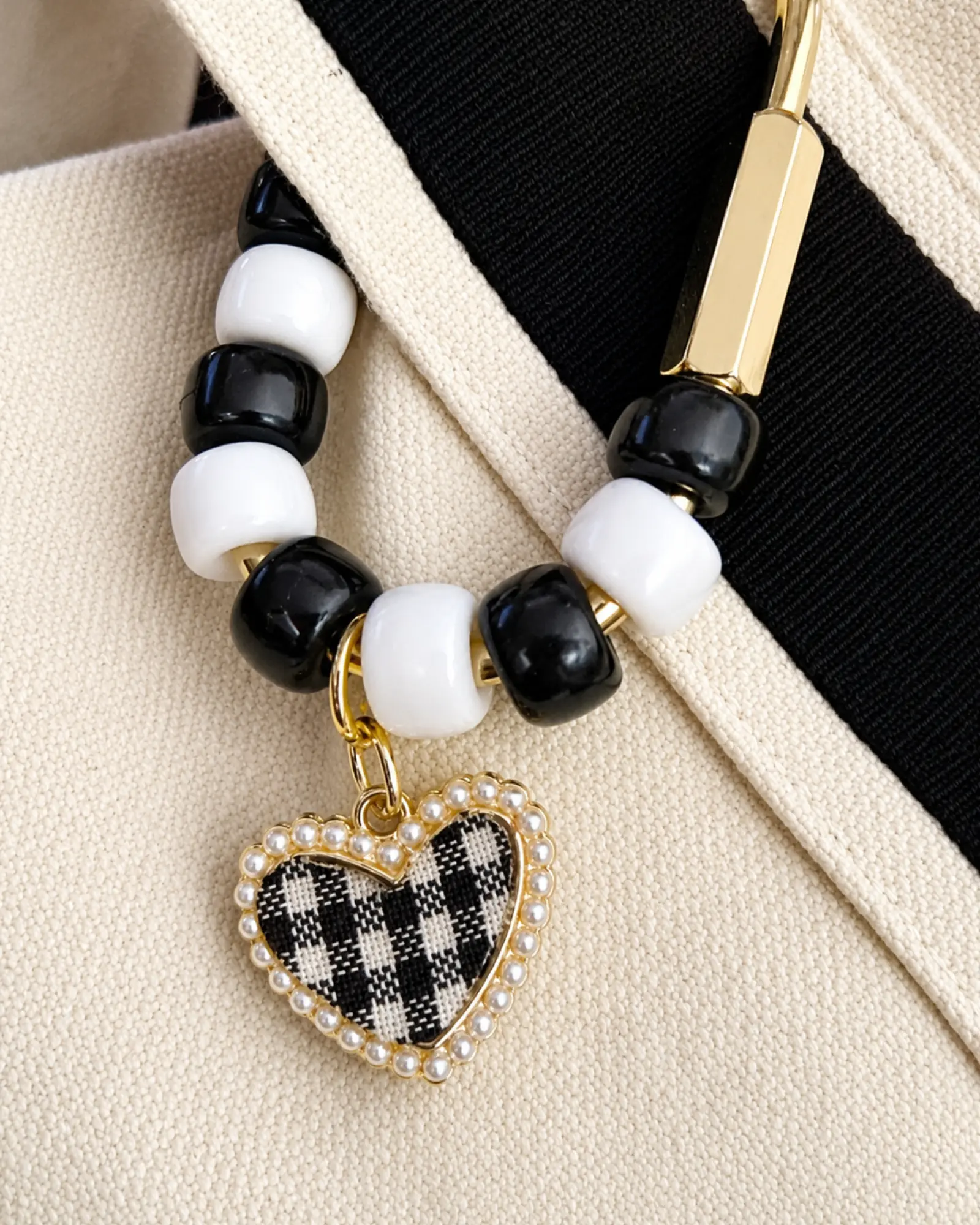 Black and White Gingham Heart Bag Charm