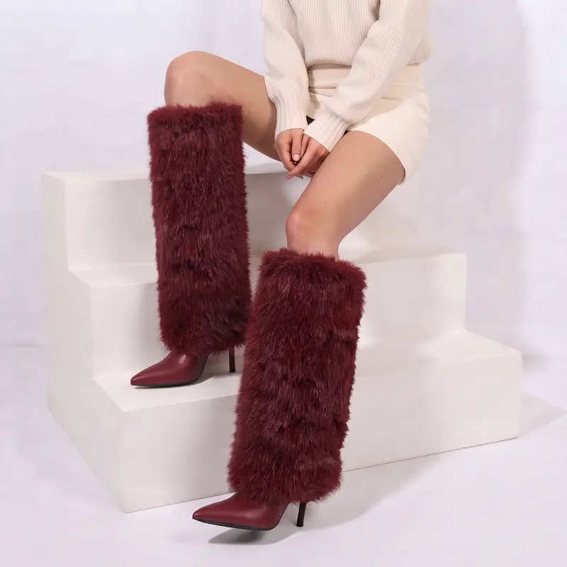 VIMISAOI Knee High Boots For Women Faux Fur Pointed Toe Stiletto High Heel Side Zipper Fold Over Wide Calf Comfy Soft Plush Cozy Luxury Glam Celebrity Style Party Dress Evening Date Casual Prom Fall Dress Elegant Tall Modern Furry Fuzzy Fashion Boots