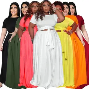 Womens Plus Size 2 Piece Dress Outfits Solid Color Crop Top Maxi Skirts Set