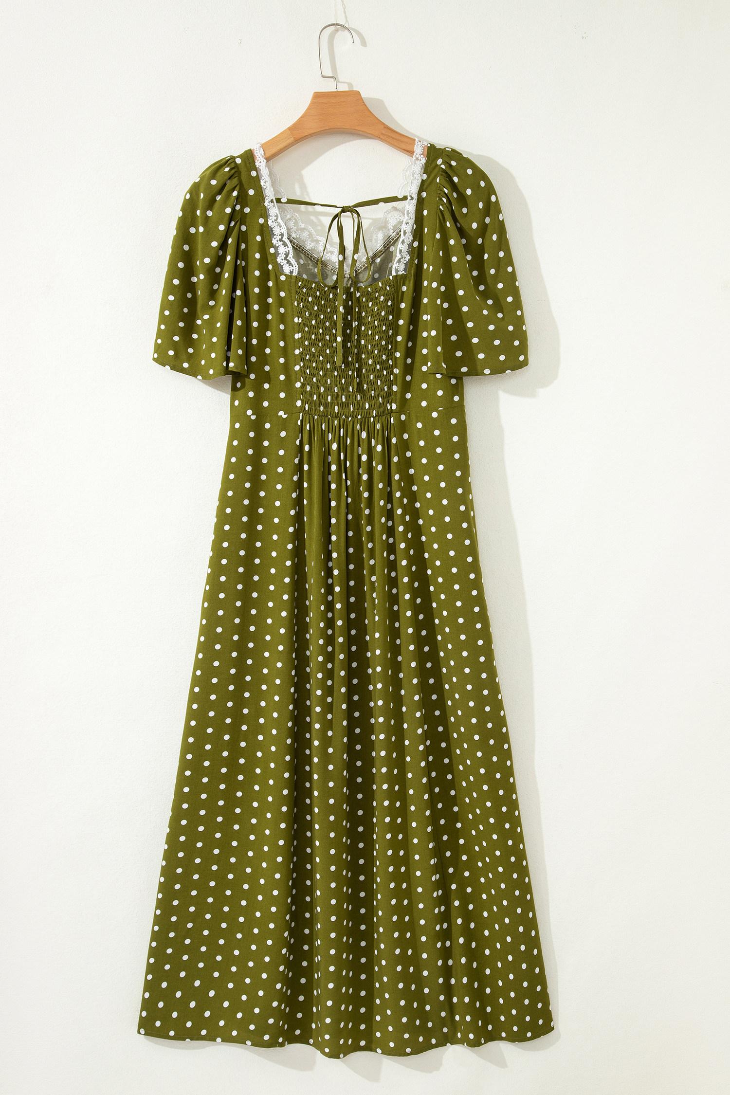 Mntaor Women's Green Polka Dot Maxi Dress with Lace Trim V-Neck Smocked Waist Puff Sleeves & Pockets Perfect for Summer Vacations & Beach Days