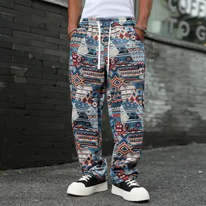 Menswear Chic Ethnic-Inspired Fashion Loose Men's Elastic Waist Straight Long Pants, Vintage Navajo Geometric Tapestry Allover Print, Southwest Boho Spliced Pattern, Casual Daily Wear, Chic Men's Pants