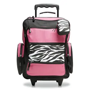 Lillian Vernon Rolling Luggage for Kids, 5-Pocket Hot Pink & Zebra Print Design Suitcase Set With Clip-On Pouch, Girls Travel Carrier on Wheels, 5.5"W x 12"L x 18"H