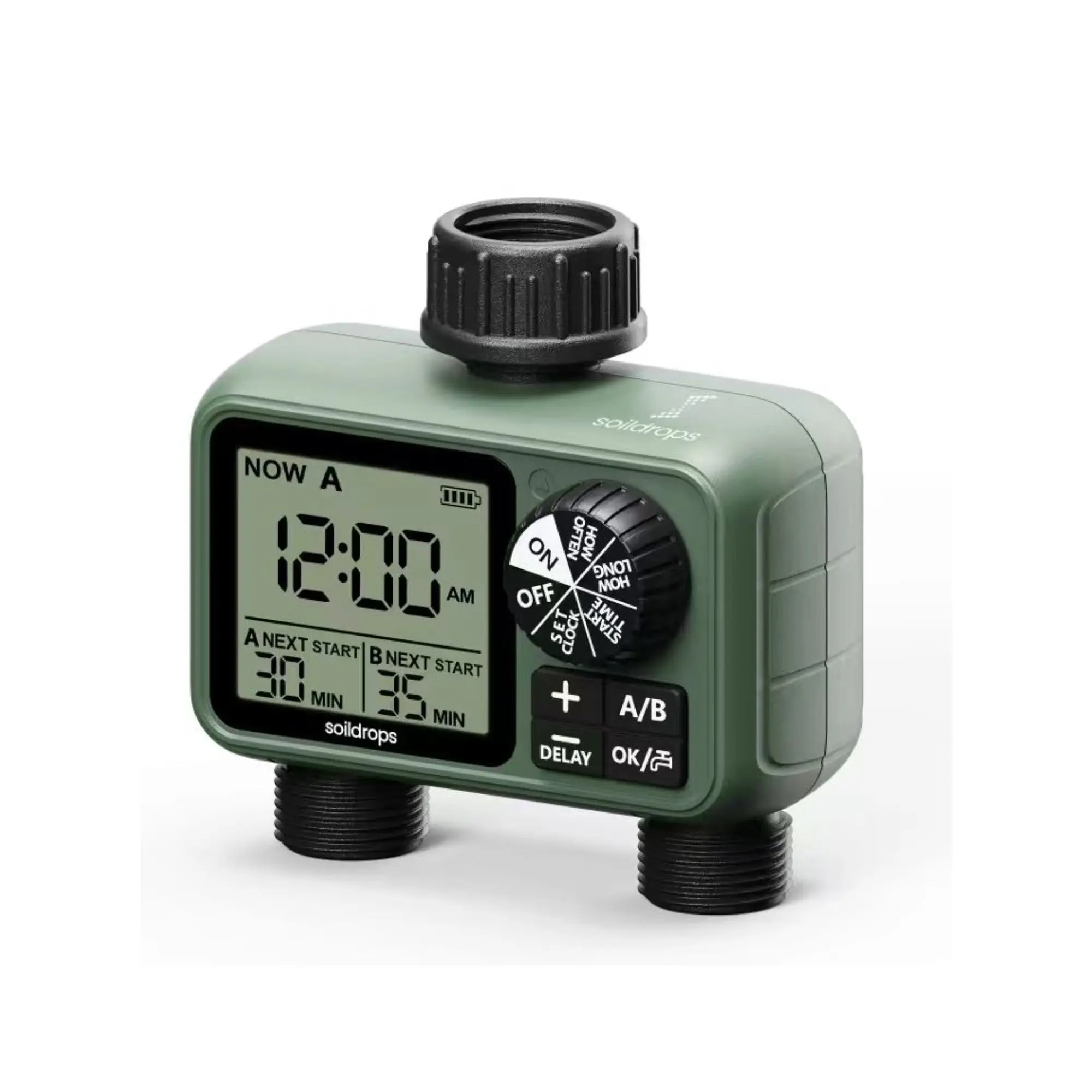 SoilDrops Dual Outlet Hose Timer — 2-Zone Programmable Sprinkler Timer with LCD & Rain Delay