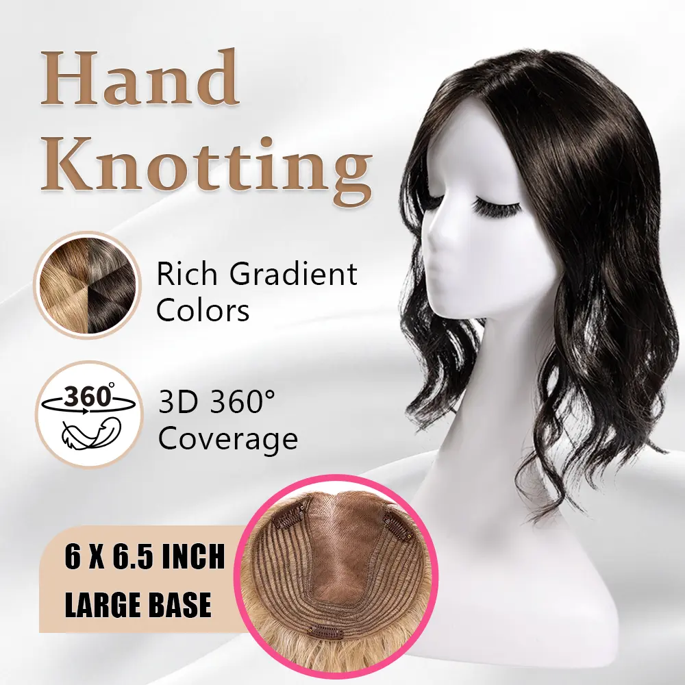 EC 14In Wavy Hair Toppers for Women | 6''x6.5'' Ladies Wavy Hair Toppers with 3 Anti-Slip Clips | Hand-Knotting Breathable Lace Base for Thinning Hair | Glueless Grey Coverage & Instant Volume Realistic Hairpiece for Casual, Work, Classy Daily Wear