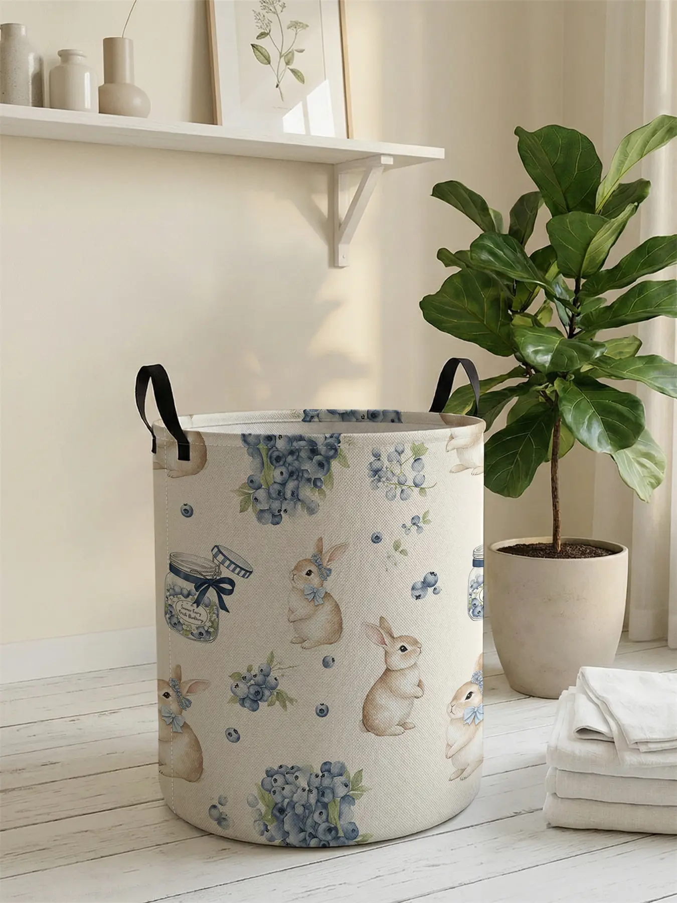 1 piece of blue rabbit and blueberry pattern 2D printed Easter with handle laundry basket, made of wear-resistant material, foldable household dirty clothes storage basket, large capacity laundry storage basket, toy storage box