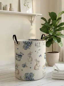 1 piece of blue rabbit and blueberry pattern 2D printed Easter with handle laundry basket, made of wear-resistant material, foldable household dirty clothes storage basket, large capacity laundry storage basket, toy storage box