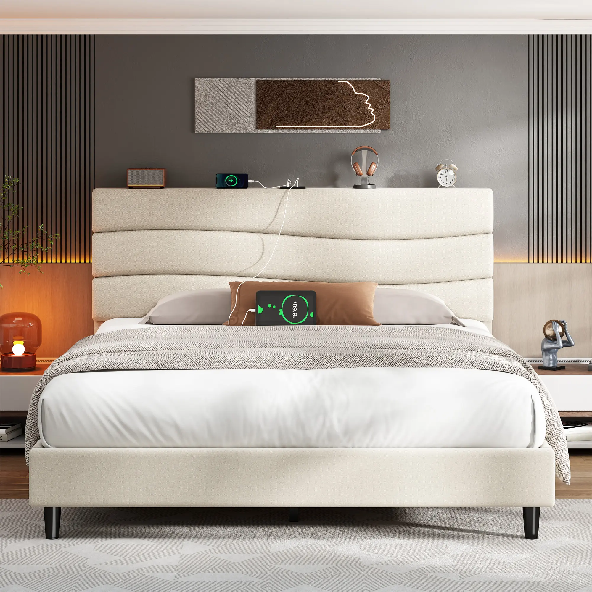 【Beds for Teens】Raybee Modern & Quiet Luxury Upholstered Platform Bed Frame with Adjustable Headboard【Frame ONLY,No Box Spring Needed】Center Support & Noise-Free Wooden Slats,Built-in Charging Station,Heavy Duty & Easy Assembly, Grow & Room to College