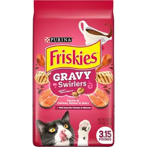 Purina Friskies Dry Cat Food, Gravy Swirlers - 3.15 -20 lb. Bag, Chicken and Salmon Flavors vital essential