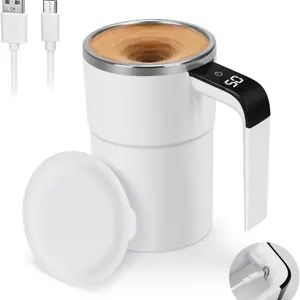 VAlinks Self Stirring Mug, Auto Magnetic Coffee Mug with LED Display Temperature, Rechargeable Automatic Stirring Cup, 12oz Self Mixing Cup with Lid To Stir Coffee Mixed Milk at Desk Use, White ceramic