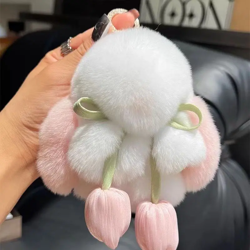 15cm Fluffy Bunny Keychain, 2026 Easter Cute Faux Fur Playing Dead Rabbit Pendant, Cute Charms, Soft Pompom, Mini Plush Backpack Accessory, Festive Decoration Gift, Cute Charms Keychain, Soft Pompom Keychain