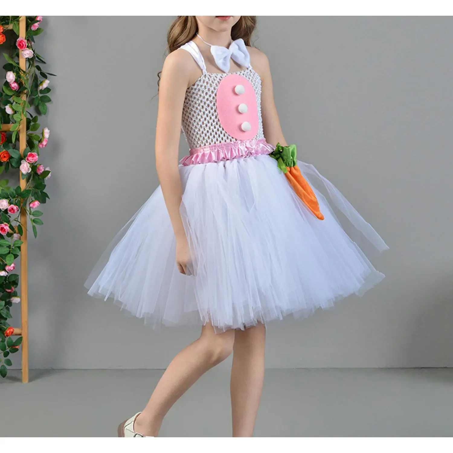 [Easter Girl Dress] Easter Girl Sleeveless Tulle Dress |     Patchwork with Headband and Carrot Bag Tail Neck Choker Clothes