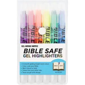 Bible Safe Highlighter Set of 6 Bright Flouresent Colors, Dry Bible Highlighters No Bleed, Fade or Smear, Safe Gel Markers for Bible Study Accessories and Guide