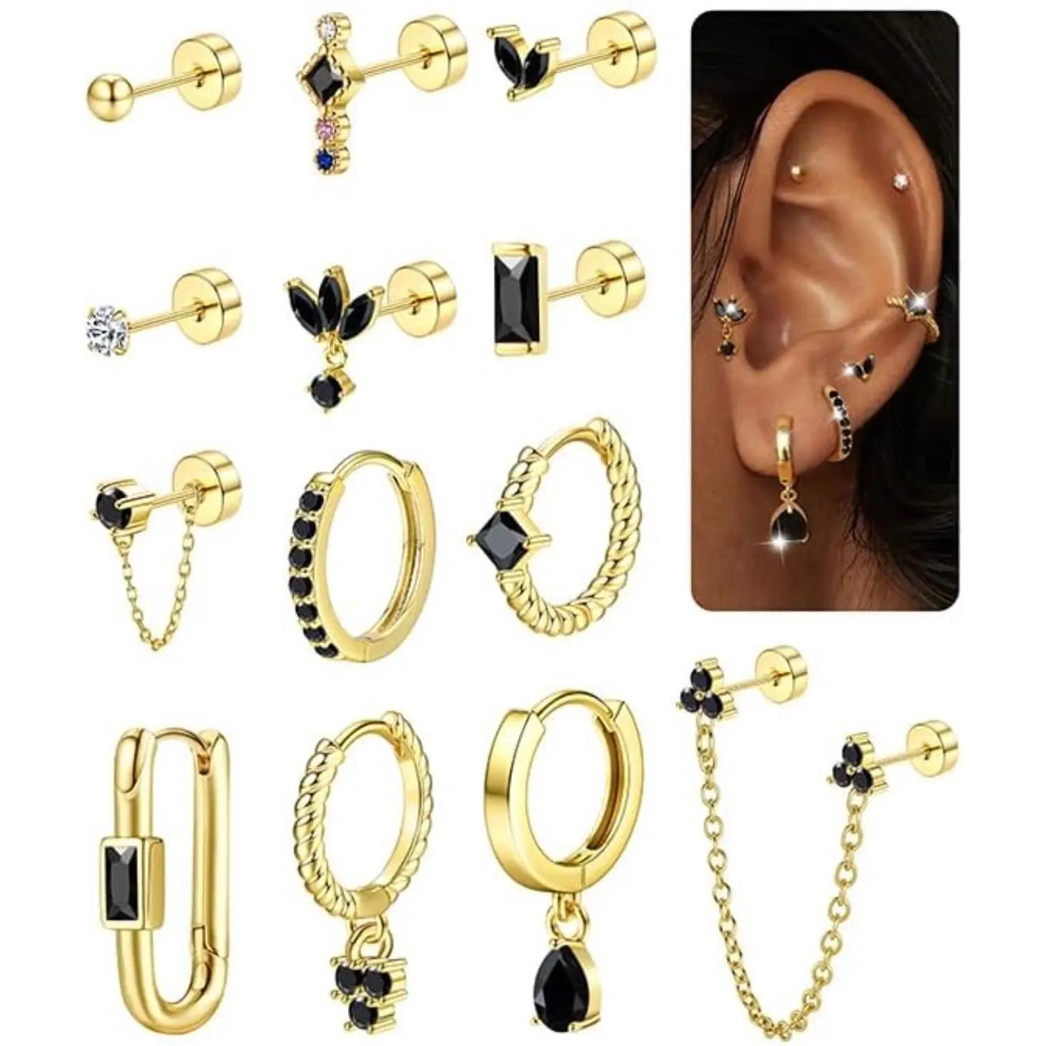 CASSIECA Stud Earrings Small Gold Hoop Earrings Set for Women Flat Back Earring Hypoallergenic Cartilage Earring Lightweight Dainty 14K Gold-plated Stud Earrings for Multiple Piercing Set, Earring Stack Summervibes