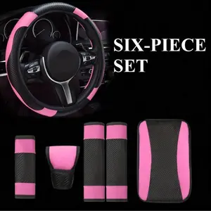 6pcs Car Accessories Set, Carbon Fiber PU Leather Steering Wheel Cover, Central Console Armrest Cover, Handbrake Cover, Seat Belt Cover, Car Interior Set