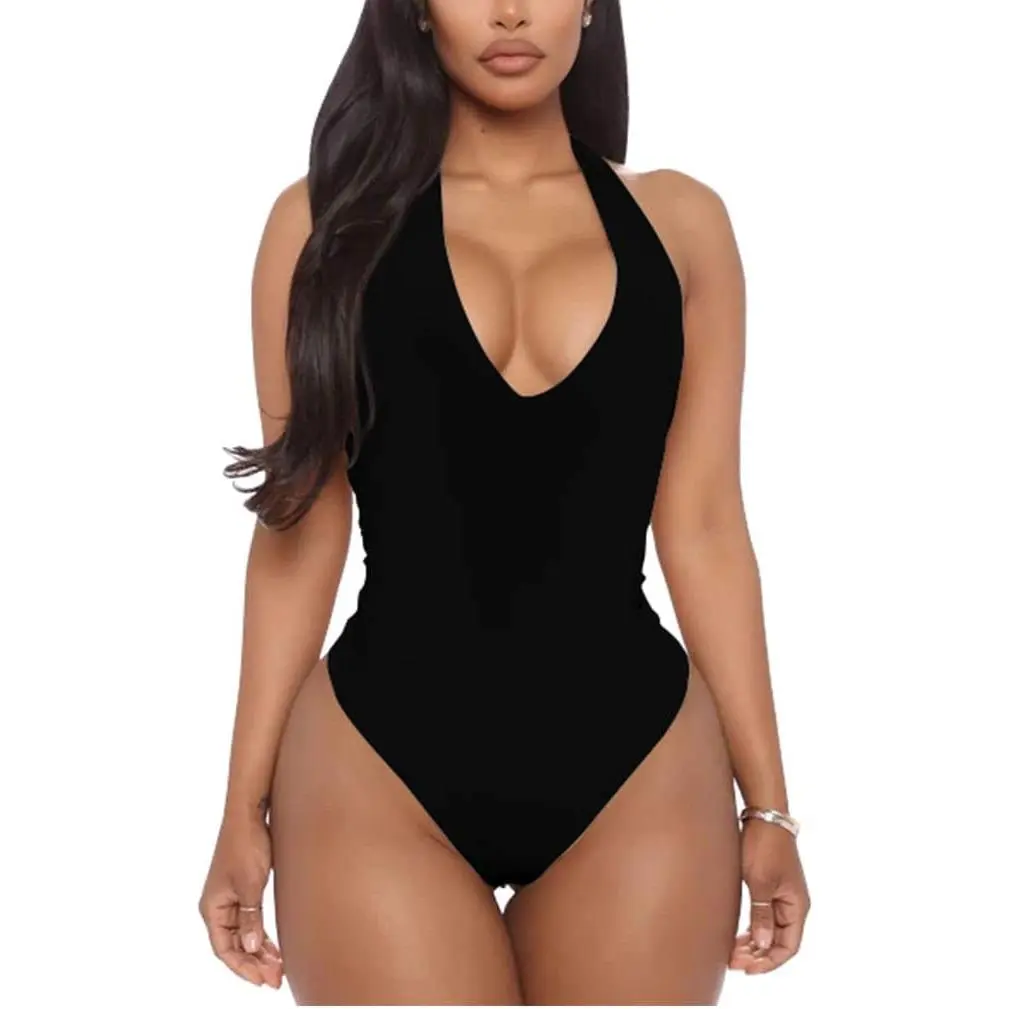 Women's Sexy Sleeveless Halter V Neck Backless Leotard Bodysuit Tops