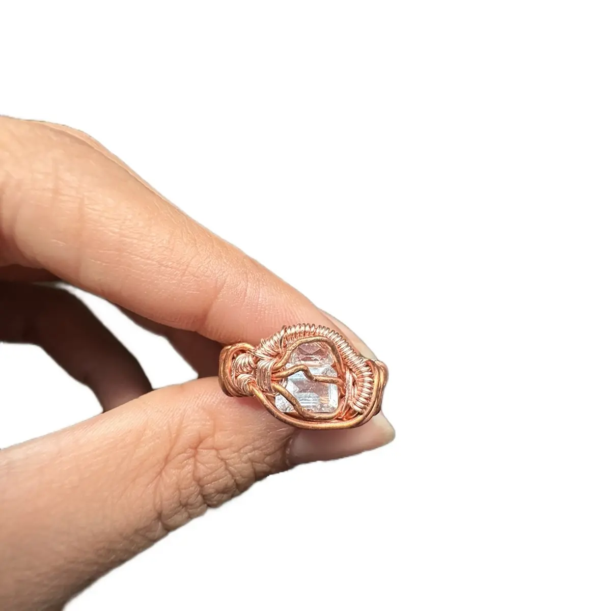 Handmade Clear Quartz and Aquamarine Copper Ring for Mental Peace and Protection