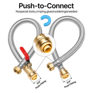 Water Heater Kit With Push-Fit Valve, Flexible Water Heater Connector, 3/4 FIP X 3/4 PTC Ball Valve, Stainless Steel Braided Water Heater Supply Line For Bathroom, Kitchen, Laundry Room, Universal 3/4 Inch Inlet Outlet
