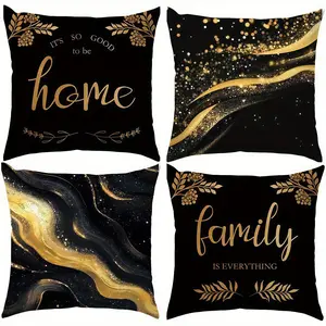 4pcs-Golden Family Themed Throw Pillow Covers, Golden Design, Home & Marbling Style, Home Spring Décor Products, Home Textile, Suitable Living Room, Bedroom, Sofa and Bed Decoration, 2D Flat, Single Sided Printing, No Pillow Core