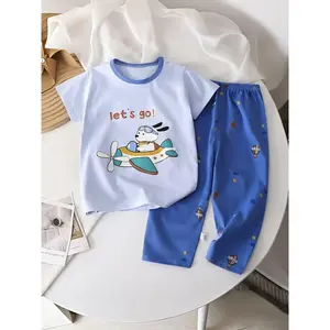 Boys' Warm Underwear Set Soft 100% Cotton Skin-Friendly Breathable Crew Neck Cartoon Airplane Pattern Regular Fit Slight Stretch All-Season Casual Wear Comfortable Everyday Outfit for Kids