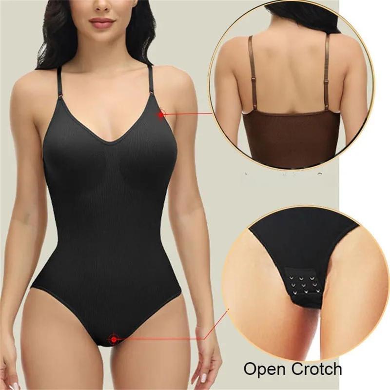 Women V Neck Spaghetti Strap Bodysuits Open Crotch Shapewear Slimming Body Shaper Smooth Out Bodysuit