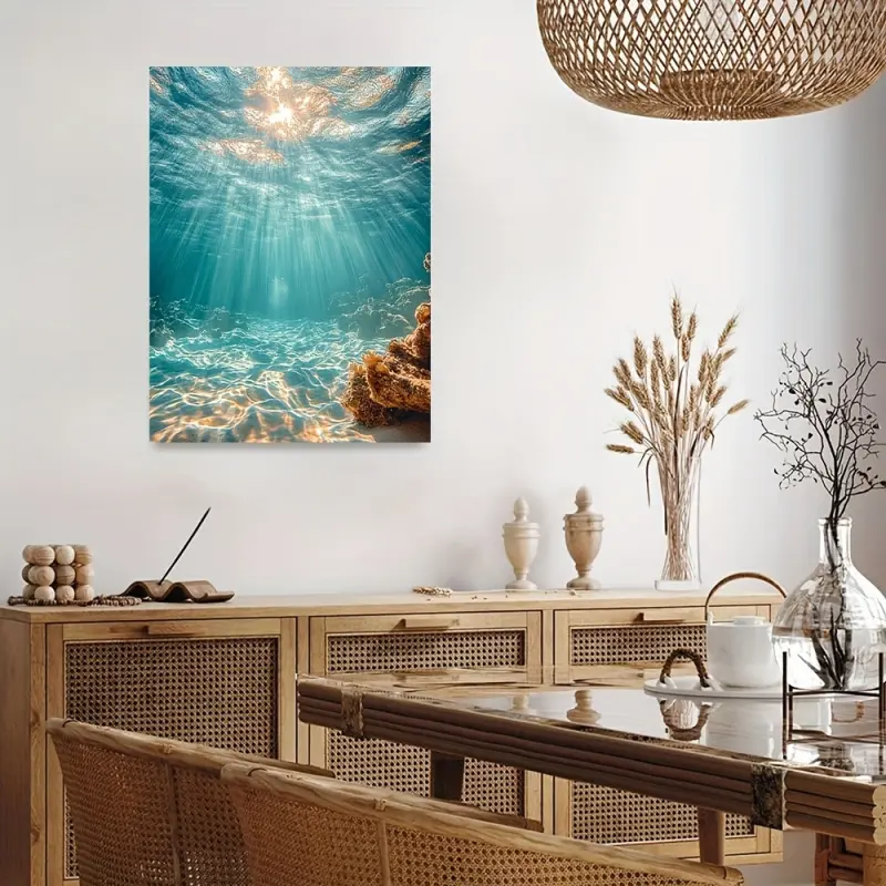 1 Piece Underwater Panoramic Wall Art - Turquoise Ocean Mural with Sunlight and Coral Reef, Textured Coastal Decoration in Wooden Frame, Beach House Nautical Style Living Room Bedroom Ocean Theme Painting, Easy to Hang and Install Indoor Wall Decoration S