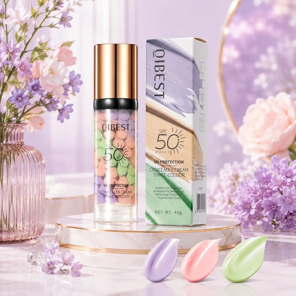 Three-Color Protective Isolation Cream with SPF 50 Coverage, Brightening & Oil-Control Moisturizer for Color Correction, Waterproof & Sweatproof Makeup Base Moisturizing Moisture