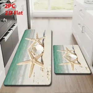 2pcs/3pcs Flannel Kitchen Mat Set, Beach Scene Design, Starfish & Shell Elements, Non-Slip, Absorbent, Home Decor