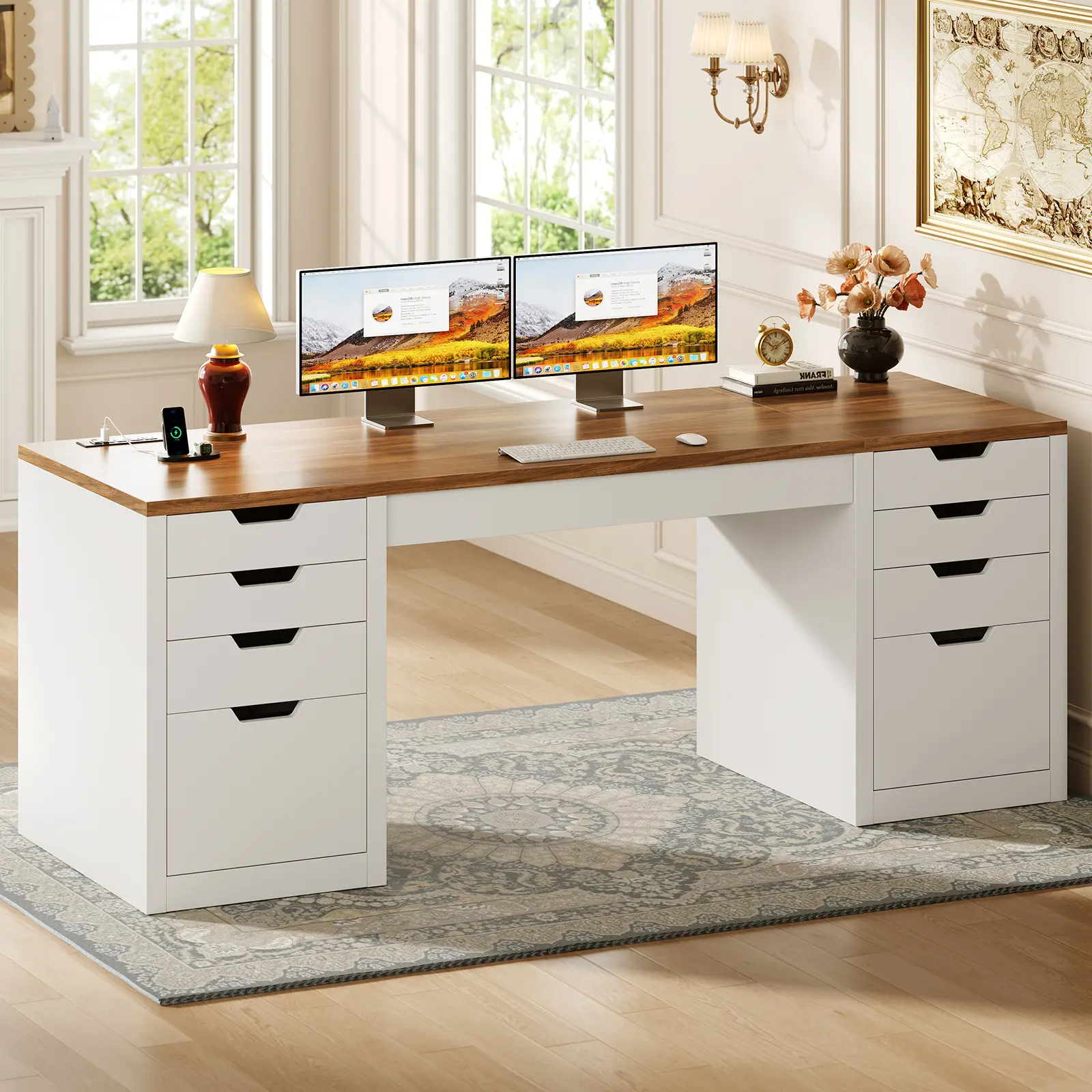 SEDETA 59.1 Inch Computer Desk with 8 Drawers Power Outlet Executive Home Office Desk with File Drawers Wood Workstation with USB Type-C Charging Station