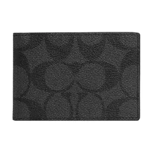 COACH Billfold Wallet with Coated Canvas and Calfskin Trim. Slim Card Holder for Men and Women.