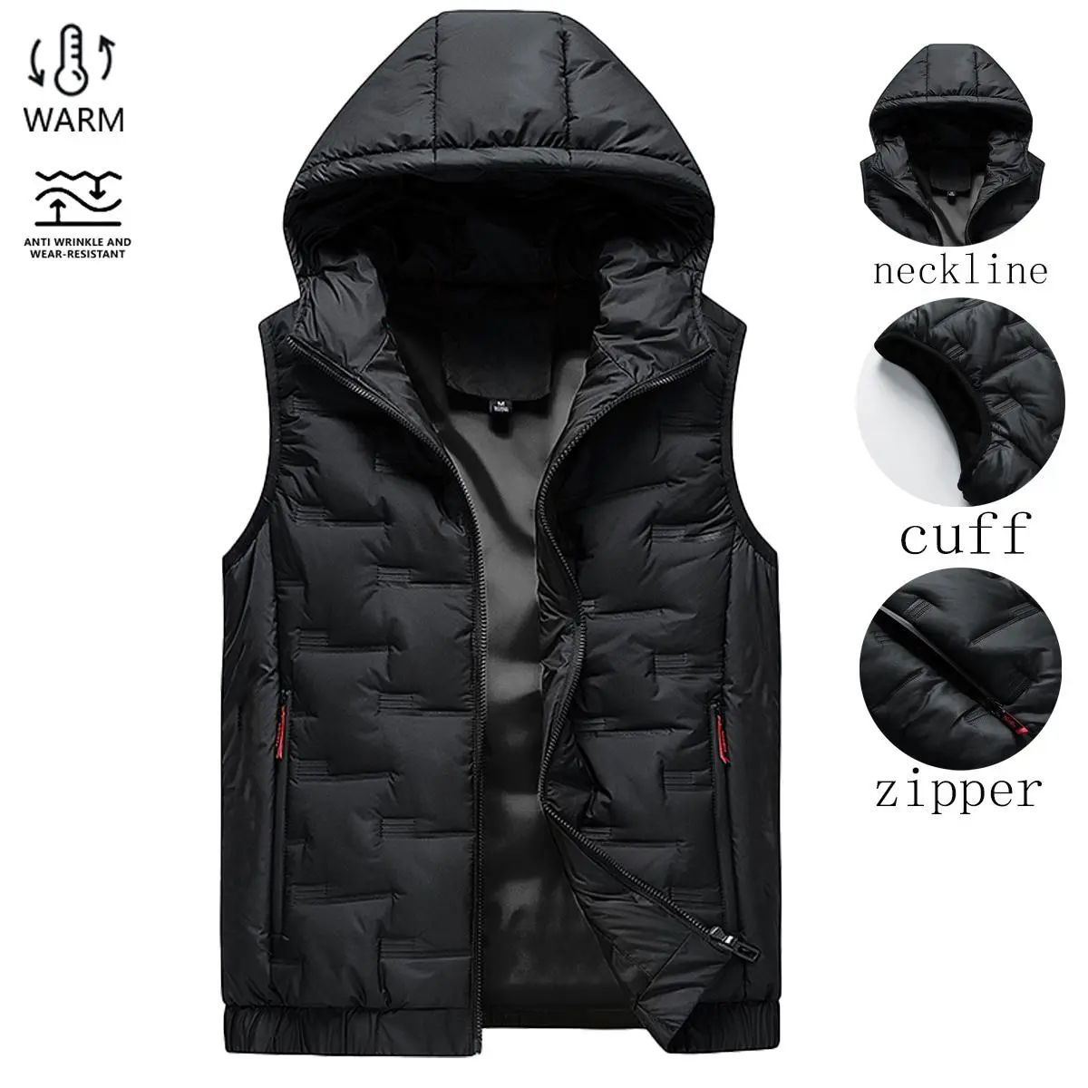 Men's Hooded Sleeveless Vest - Menswear Clothes, Woven Polyester Blend Fabric, Thick Warm Comfortable, Ease of Movement, Easy to Layer, Casual Autumn Gilet
