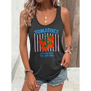Women's Comfortable Light Fit Outdoor Casual Tank Top - Crew Neck, Fun Tomato Ketchup Print, Good Vibes, Perfect for Food Enthusiasts, Single-Piece Design