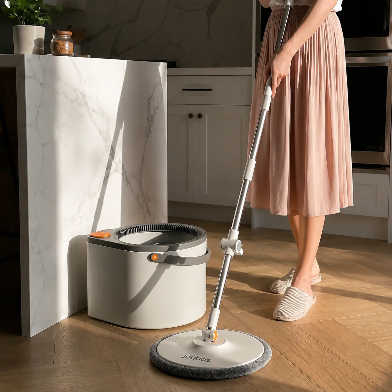 Joybos 3-in-1 Multi-Shape Spin Mop and Bucket Set with Clean & Dirty Water Separation, Sturdy Adjustable Stainless Steel Handles, 3 Pads, Hands-Free Self-Cleaning, 360° Rotatable Head, Self-Standing, Absorbent Durable for Baseboards & Corners