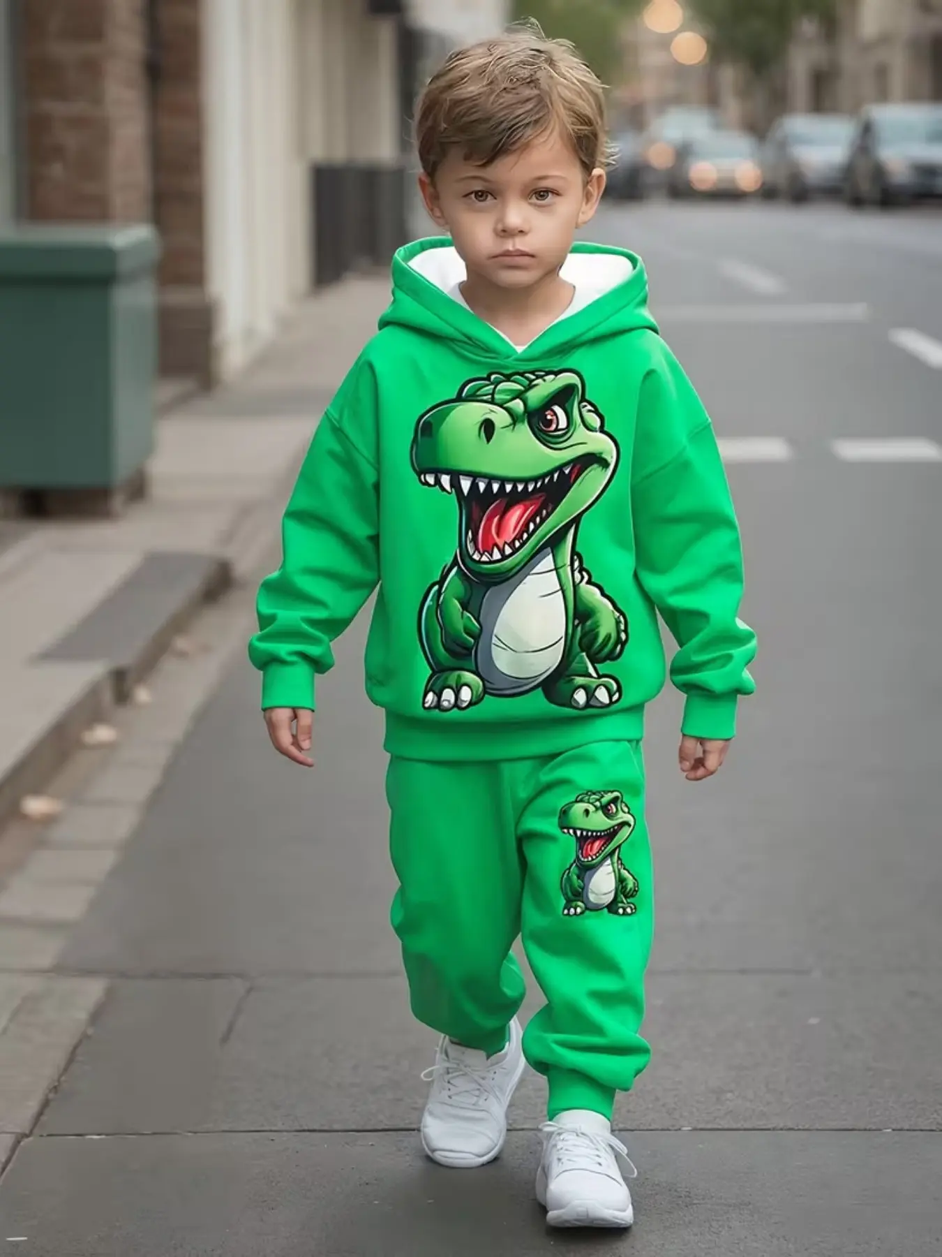 Boys' Spring Summer Dinosaur Print Hoodie Set, Cartoon