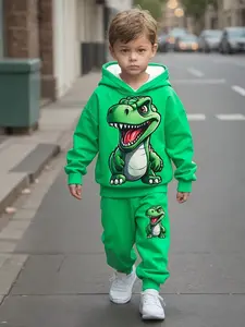 Boys' Spring Summer Dinosaur Print Hoodie Set, Cartoon Tyrannosaurus Rex Pattern Casual Two-Piece, Kids Fashion Apparel