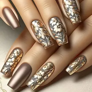 24pcs Medium Long Ballet Matte Fake Nails, Autumn Winter Warm Color 3D Design, Women Nail Art Decoration, Flower Design Nails