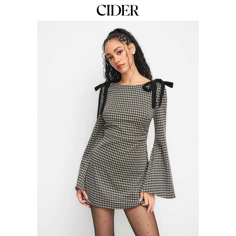 Cider Women's Long Sleeve Gingham Cotton-Blend Mini Dress, Boat Neck, Ruched Bodice with Bow Decor, Casual Going Out Dress, Size M, Long Sleeve Dresses