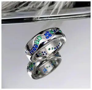 Blue green wave band Ring - Silver - CZs - Size 8