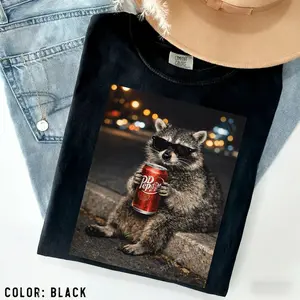 Cute Raccoon Drinking Soda Shirt, Funny Animal Graphic Tee, Retro Raccoon Lover Gift, Casual Summer Loose Short Sleeve T-Shirt for Men/Women