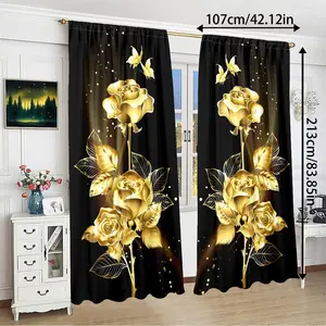 2pcs Background Gold Rose Pattern High Definition Digital Print Curtains, Polyester Material, Semi-Transparent Privacy Protection, Window Curtain