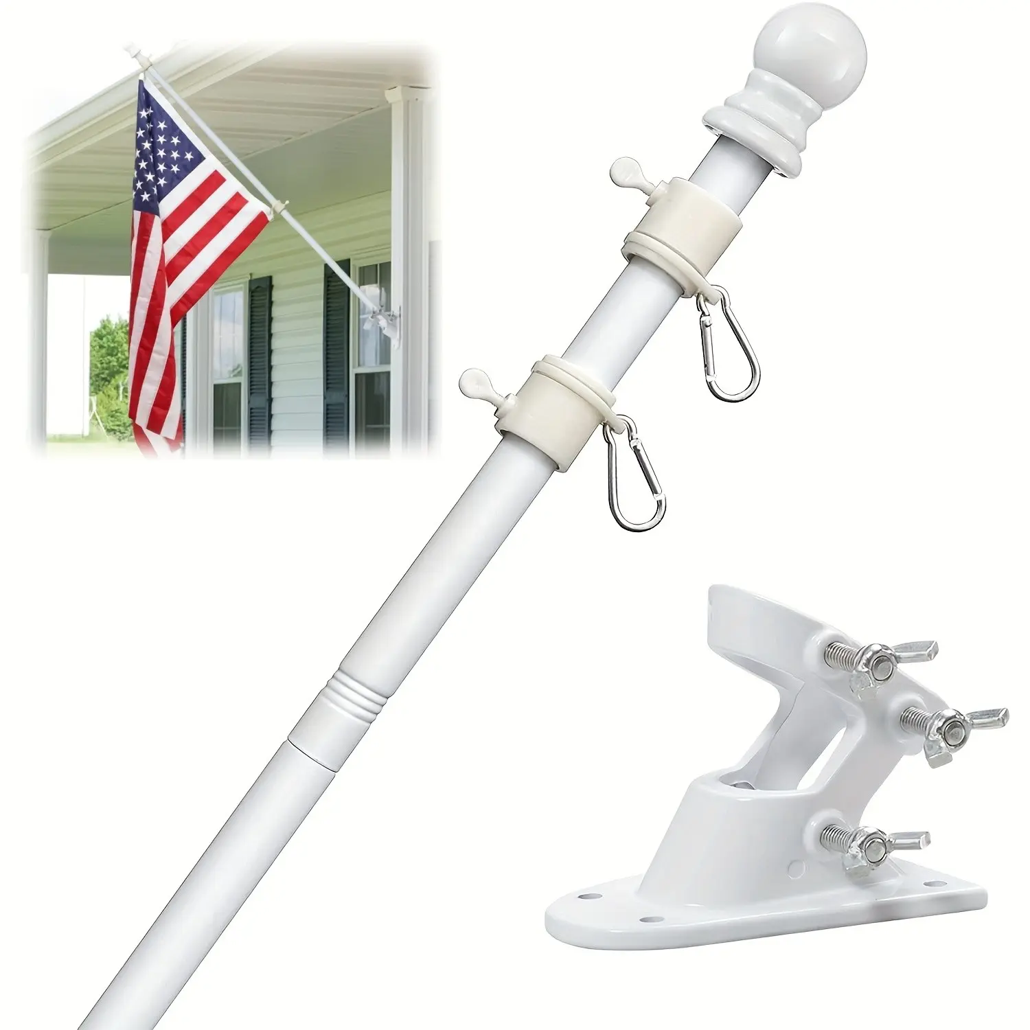 5Ft Stainless Steel Flag Pole for House, Tangle Free Design with Two-Position Bracket, White, Outdoor Use